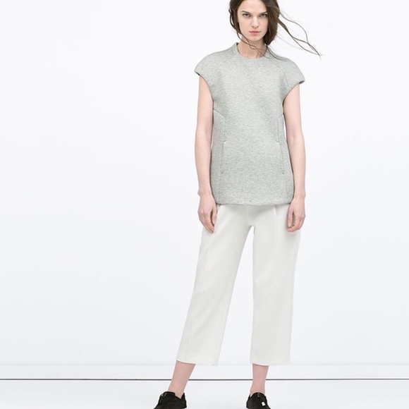 ZARA CAP SLEEVE ZIP BACK MODERN STRUCTURED SCUBA TOP WITH POCKETS - Picture 4 of 8